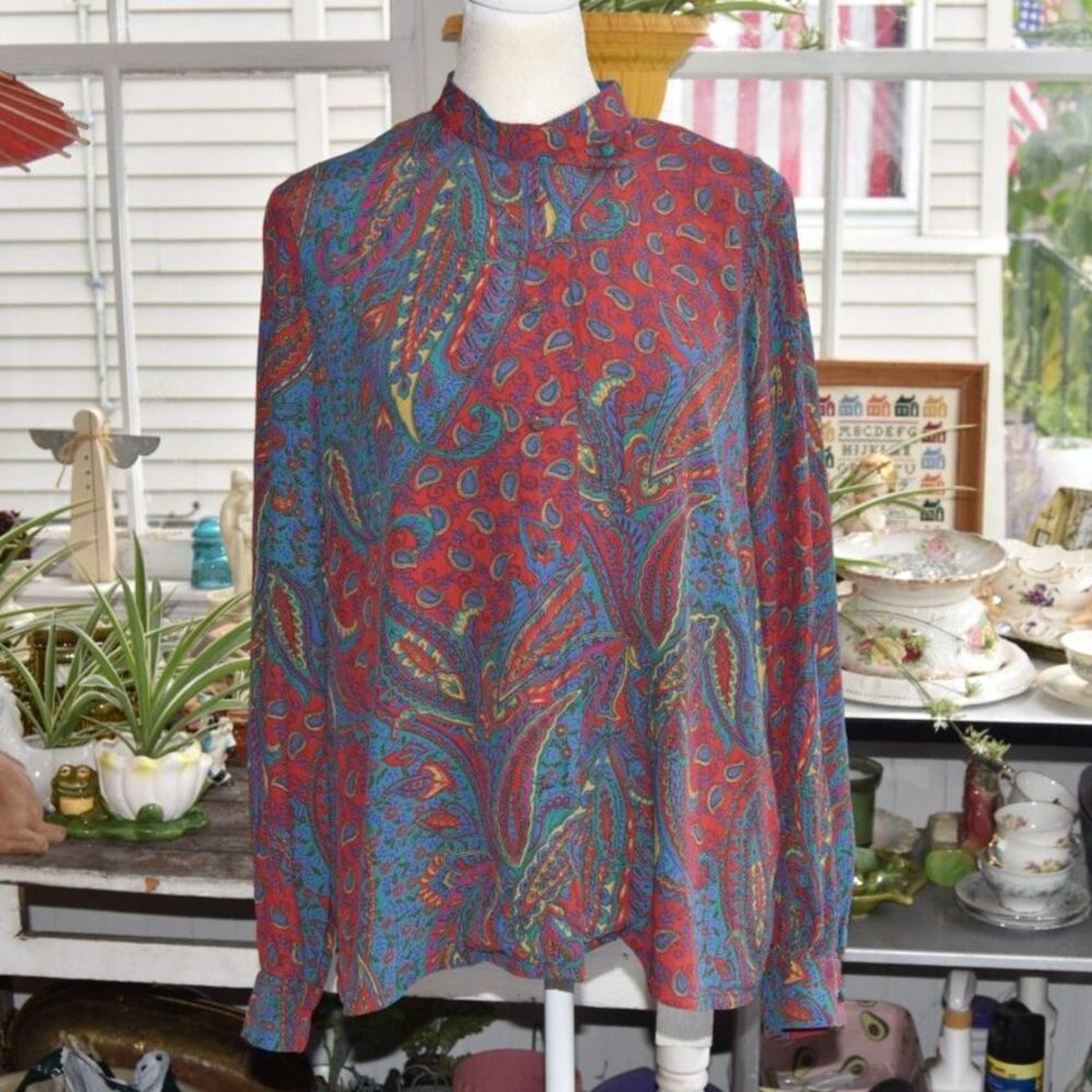 Vintage 70s Paisley Blouse Women’s 18 Red Teal Secretary High Neck USA XL